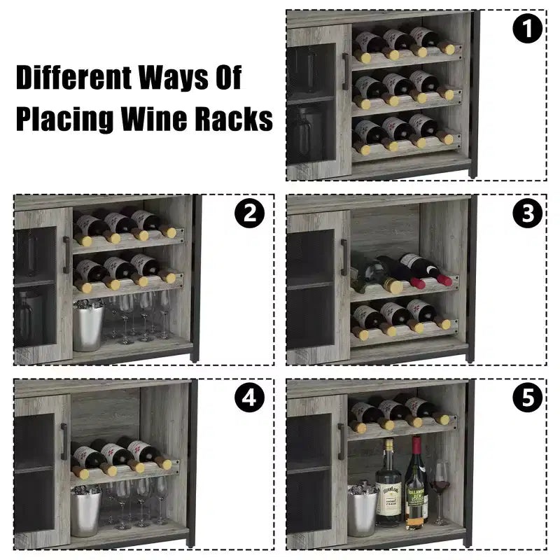 Mueble Bar de Vinos de 3 Niveles con Botellero y Espacio de Almacenamiento, Aparador con Soporte para Copas y Puerta de Malla, para Cocina, Sala de Estar y Bar