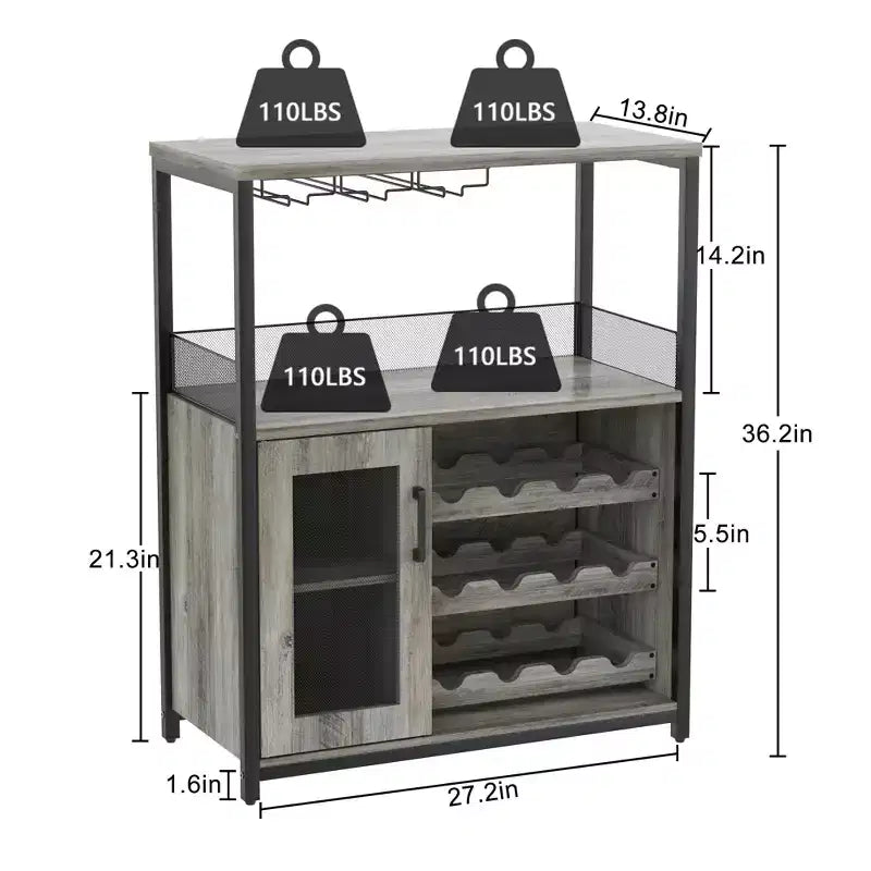 Mueble Bar de Vinos de 3 Niveles con Botellero y Espacio de Almacenamiento, Aparador con Soporte para Copas y Puerta de Malla, para Cocina, Sala de Estar y Bar