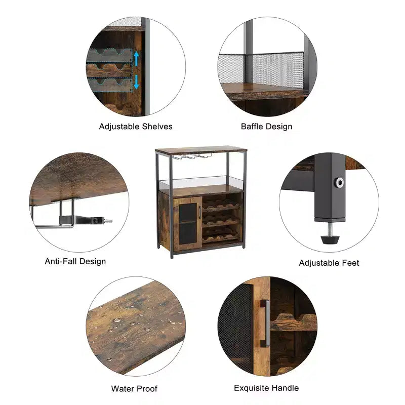 Mueble Bar de Vinos de 3 Niveles con Botellero y Espacio de Almacenamiento, Aparador con Soporte para Copas y Puerta de Malla, para Cocina, Sala de Estar y Bar