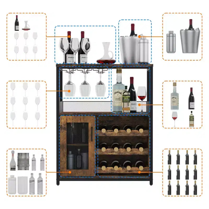 Mueble Bar de Vinos de 3 Niveles con Botellero y Espacio de Almacenamiento, Aparador con Soporte para Copas y Puerta de Malla, para Cocina, Sala de Estar y Bar