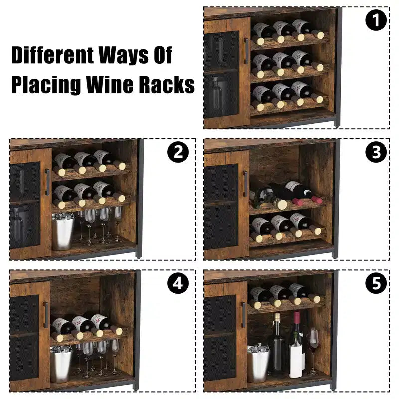 Mueble Bar de Vinos de 3 Niveles con Botellero y Espacio de Almacenamiento, Aparador con Soporte para Copas y Puerta de Malla, para Cocina, Sala de Estar y Bar