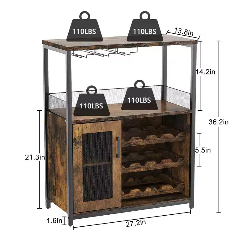 Mueble Bar de Vinos de 3 Niveles con Botellero y Espacio de Almacenamiento, Aparador con Soporte para Copas y Puerta de Malla, para Cocina, Sala de Estar y Bar