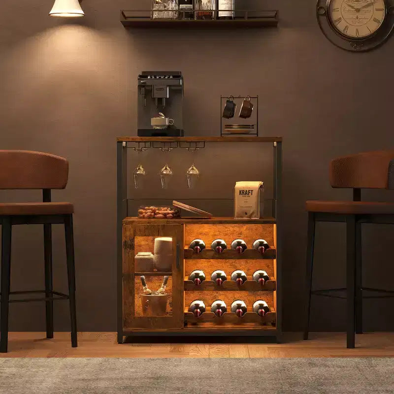 Mueble Bar de Vinos de 3 Niveles con Botellero y Espacio de Almacenamiento, Aparador con Soporte para Copas y Puerta de Malla, para Cocina, Sala de Estar y Bar