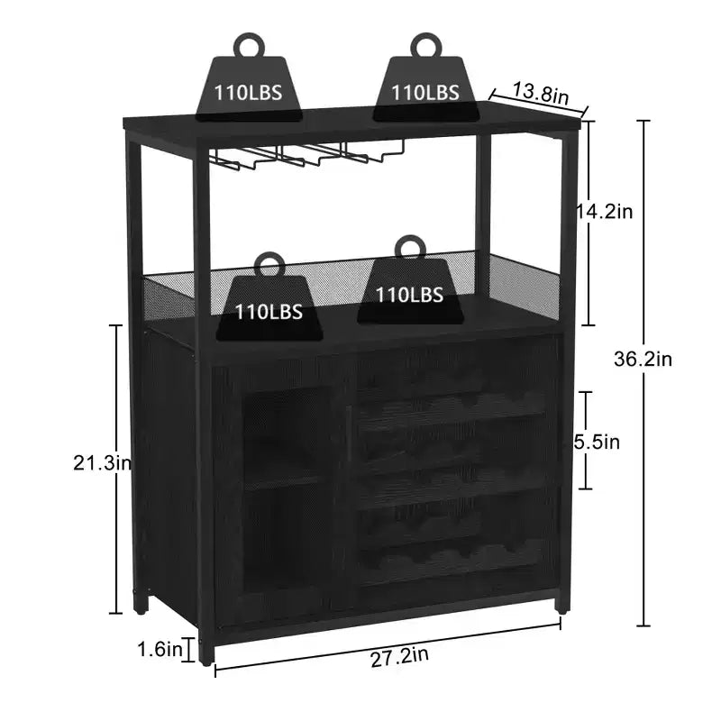 Mueble Bar de Vinos de 3 Niveles con Botellero y Espacio de Almacenamiento, Aparador con Soporte para Copas y Puerta de Malla, para Cocina, Sala de Estar y Bar