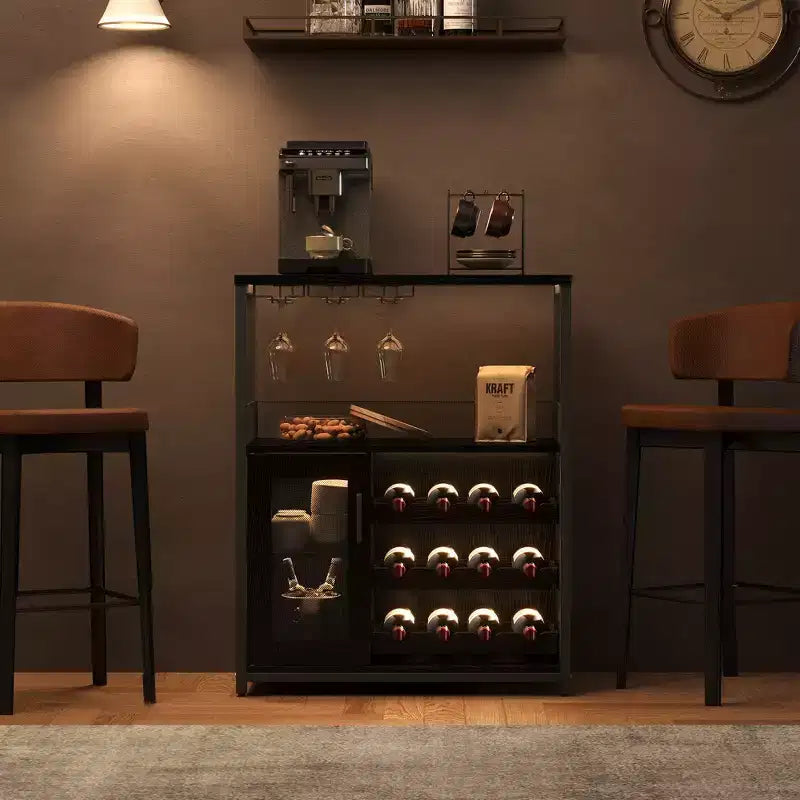 Mueble Bar de Vinos de 3 Niveles con Botellero y Espacio de Almacenamiento, Aparador con Soporte para Copas y Puerta de Malla, para Cocina, Sala de Estar y Bar