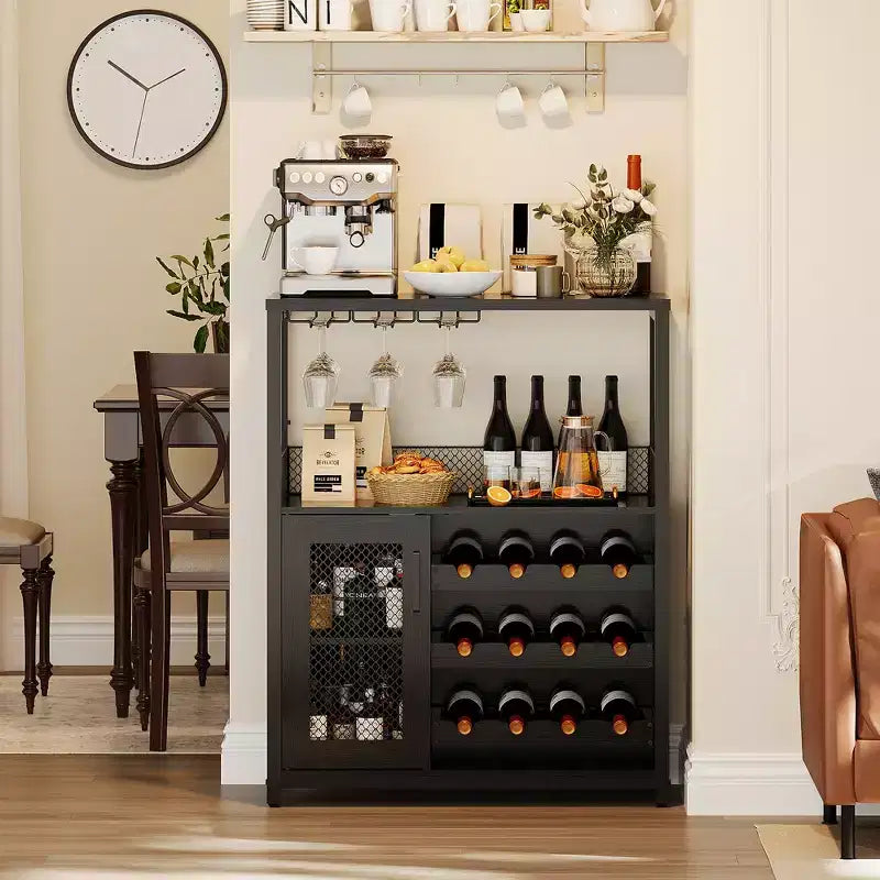 Mueble Bar de Vinos de 3 Niveles con Botellero y Espacio de Almacenamiento, Aparador con Soporte para Copas y Puerta de Malla, para Cocina, Sala de Estar y Bar