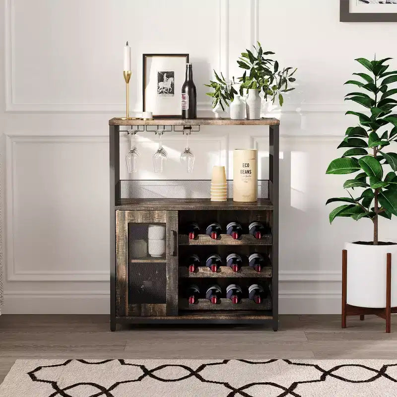 Mueble Bar de Vinos de 3 Niveles con Botellero y Espacio de Almacenamiento, Aparador con Soporte para Copas y Puerta de Malla, para Cocina, Sala de Estar y Bar