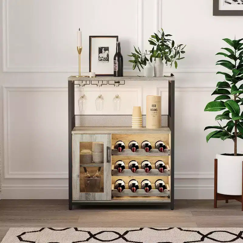 Mueble Bar de Vinos de 3 Niveles con Botellero y Espacio de Almacenamiento, Aparador con Soporte para Copas y Puerta de Malla, para Cocina, Sala de Estar y Bar
