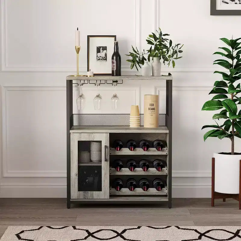 Mueble Bar de Vinos de 3 Niveles con Botellero y Espacio de Almacenamiento, Aparador con Soporte para Copas y Puerta de Malla, para Cocina, Sala de Estar y Bar