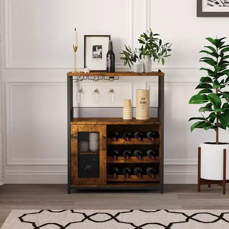 Mueble Bar de Vinos de 3 Niveles con Botellero y Espacio de Almacenamiento, Aparador con Soporte para Copas y Puerta de Malla, para Cocina, Sala de Estar y Bar