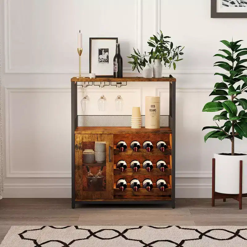 Mueble Bar de Vinos de 3 Niveles con Botellero y Espacio de Almacenamiento, Aparador con Soporte para Copas y Puerta de Malla, para Cocina, Sala de Estar y Bar