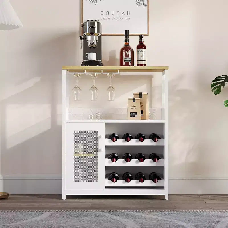 Mueble Bar de Vinos de 3 Niveles con Botellero y Espacio de Almacenamiento, Aparador con Soporte para Copas y Puerta de Malla, para Cocina, Sala de Estar y Bar