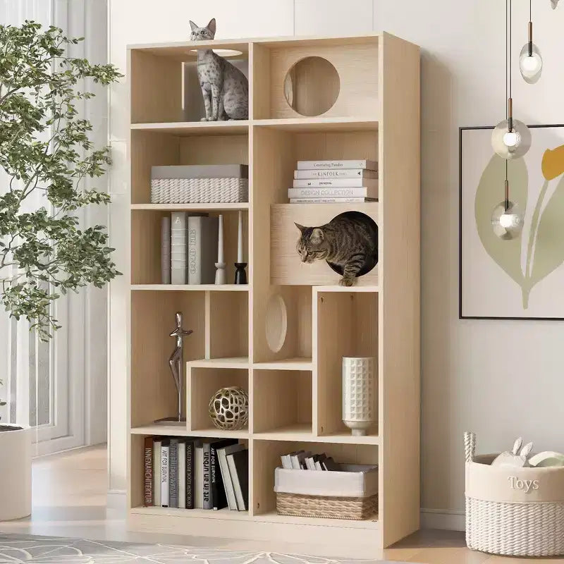 Okak Estantería moderna con arenero para gatos, vitrina con estante para escalar para gatos, librería 2 en 1 para sala de estar, dormitorio, natural