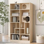 Okak Estantería moderna con arenero para gatos, vitrina con estante para escalar para gatos, librería 2 en 1 para sala de estar, dormitorio, natural