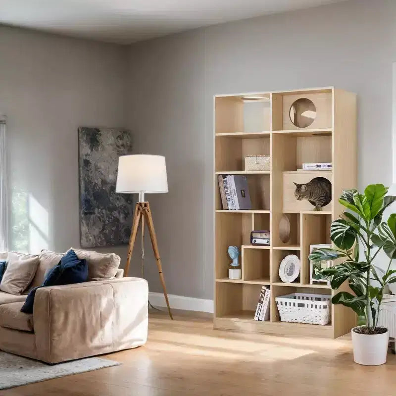 Okak Estantería moderna con arenero para gatos, vitrina con estante para escalar para gatos, librería 2 en 1 para sala de estar, dormitorio, natural
