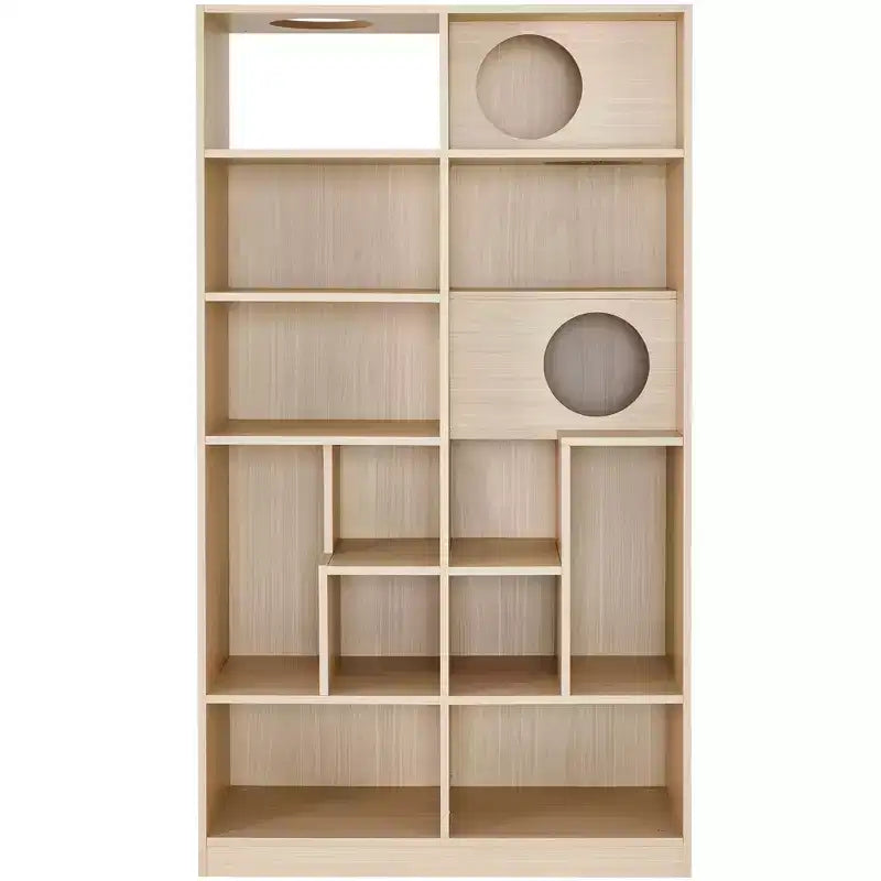 Okak Estantería moderna con arenero para gatos, vitrina con estante para escalar para gatos, librería 2 en 1 para sala de estar, dormitorio, natural