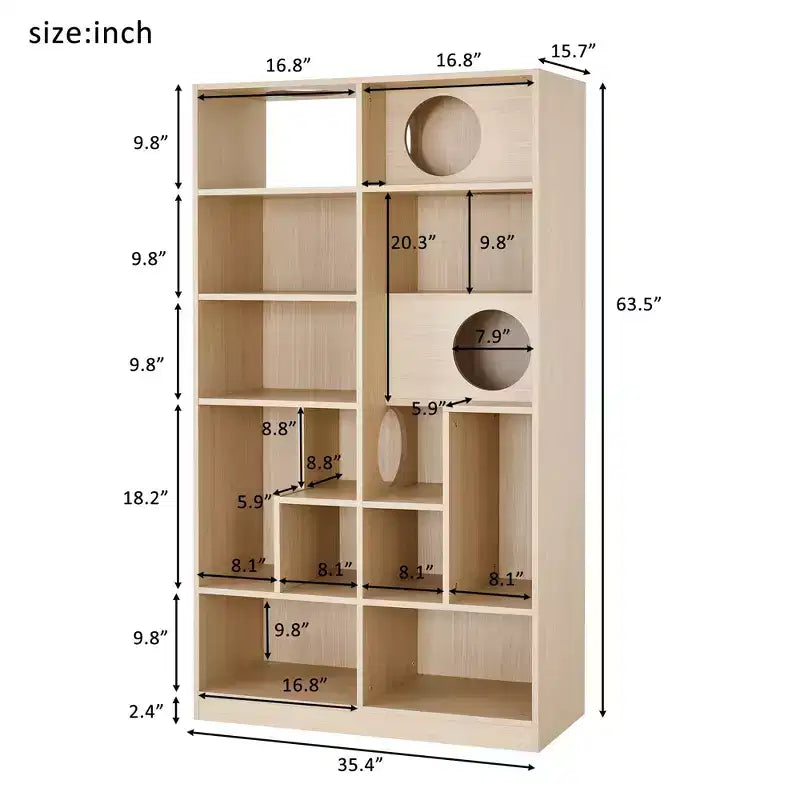 Okak Estantería moderna con arenero para gatos, vitrina con estante para escalar para gatos, librería 2 en 1 para sala de estar, dormitorio, natural
