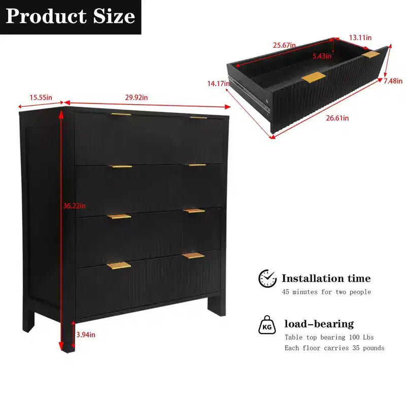 Cómoda, Cajonera, Cómoda de 4 Cajones, Cómoda de Madera con Paneles Acanalados de Onda, Cómodas Modernas con Cajones para Dormitorio, Armario, Sala de Estar