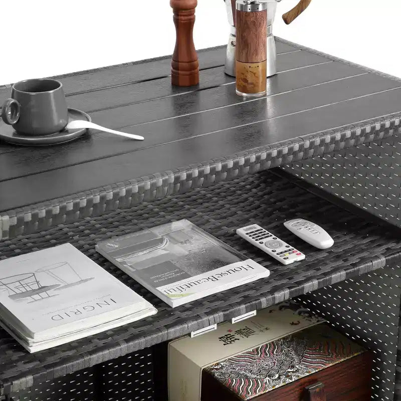 NAYSAYE Carrito de bar de mimbre para exteriores, mostrador de vino y bebidas con tapa de vidrio para patio, gris, 35.2*20.6*34.2