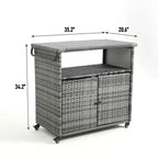 NAYSAYE Carrito de bar de mimbre para exteriores, mostrador de vino y bebidas con tapa de vidrio para patio, gris, 35.2*20.6*34.2