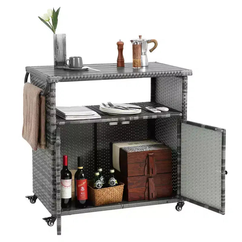 NAYSAYE Carrito de bar de mimbre para exteriores, mostrador de vino y bebidas con tapa de vidrio para patio, gris, 35.2*20.6*34.2