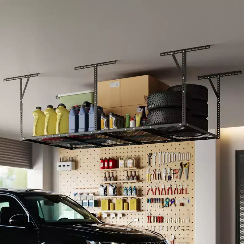 Estantes de Almacenamiento Elevados para Garaje, Estanterías de Techo de Acero de Alta Resistencia, Altura Ajustable, Capacidad de 600 libras, Negro