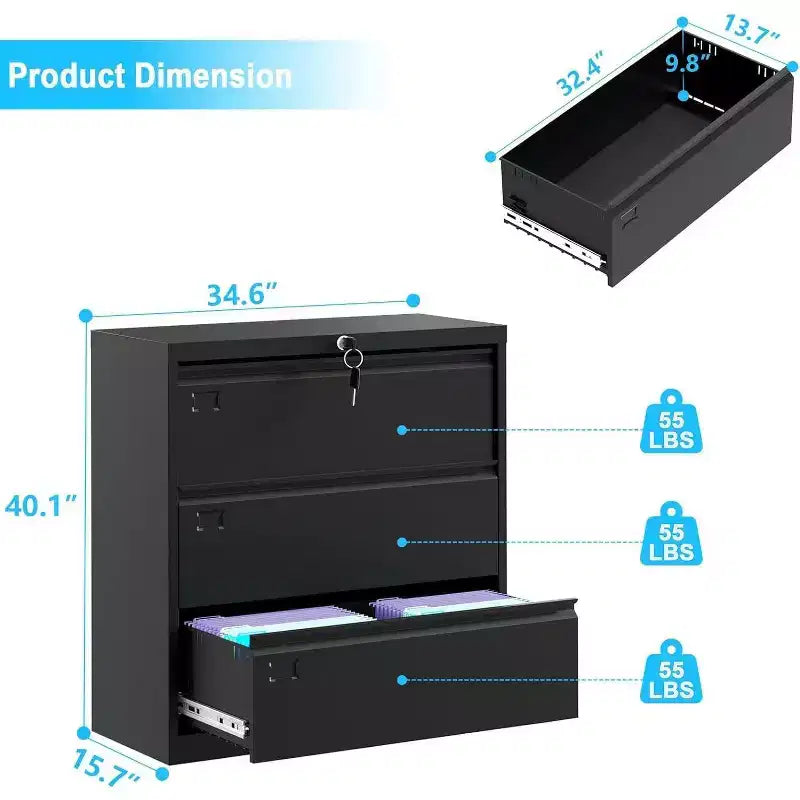 Archivador lateral Acekool de 3 cajones con cerradura, organizador de almacenamiento metálico para archivos tamaño carta/legal/A4, gabinete de oficina negro que ahorra espacio