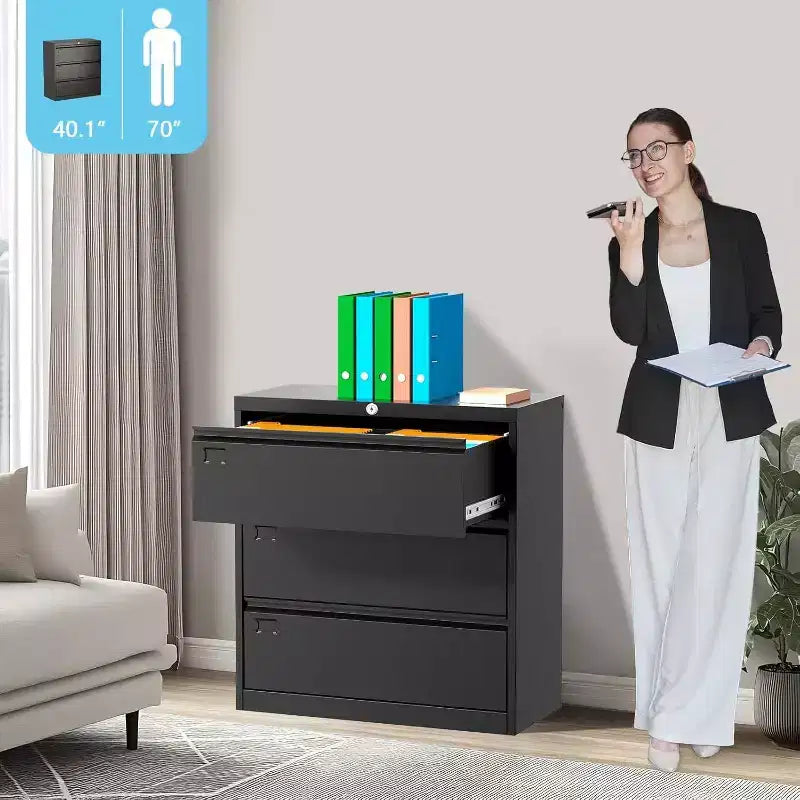 Archivador lateral Acekool de 3 cajones con cerradura, organizador de almacenamiento metálico para archivos tamaño carta/legal/A4, gabinete de oficina negro que ahorra espacio