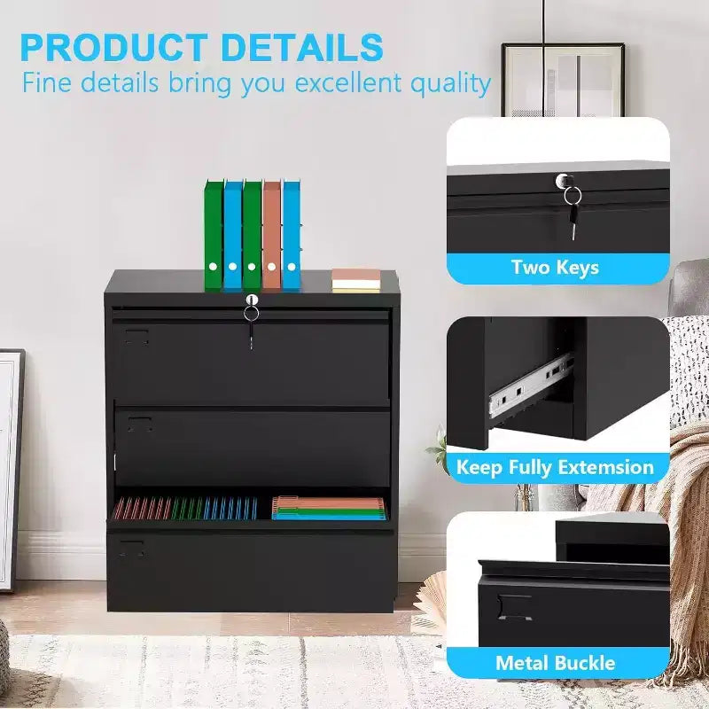 Archivador lateral Acekool de 3 cajones con cerradura, organizador de almacenamiento metálico para archivos tamaño carta/legal/A4, gabinete de oficina negro que ahorra espacio