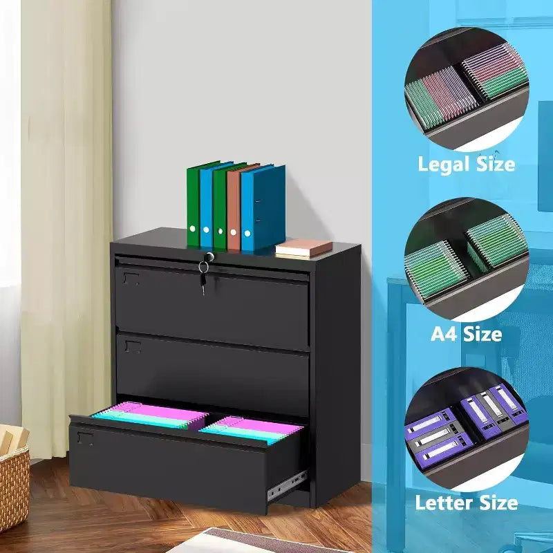 Archivador lateral Acekool de 3 cajones con cerradura, organizador de almacenamiento metálico para archivos tamaño carta/legal/A4, gabinete de oficina negro que ahorra espacio