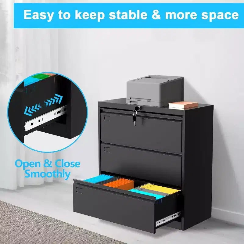 Archivador lateral Acekool de 3 cajones con cerradura, organizador de almacenamiento metálico para archivos tamaño carta/legal/A4, gabinete de oficina negro que ahorra espacio