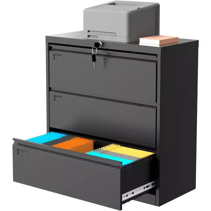 Archivador lateral Acekool de 3 cajones con cerradura, organizador de almacenamiento metálico para archivos tamaño carta/legal/A4, gabinete de oficina negro que ahorra espacio