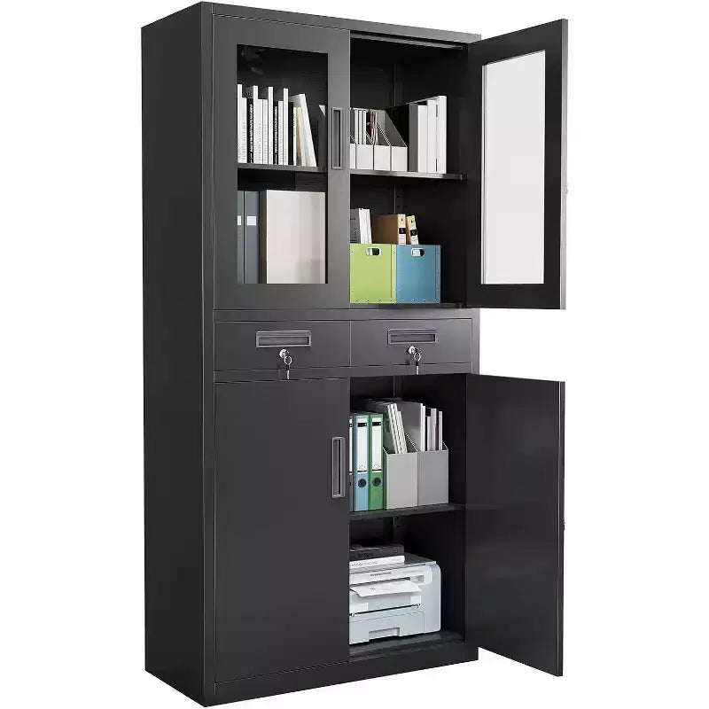 Acekool 71 Gabinete de almacenamiento con puertas de vidrio, estantes ajustables y cajones con cerradura, organizador vertical de metal para oficina en casa, garaje, lavadero