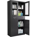 Acekool 71 Gabinete de almacenamiento con puertas de vidrio, estantes ajustables y cajones con cerradura, organizador vertical de metal para oficina en casa, garaje, lavadero