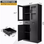 Acekool 71 Gabinete de almacenamiento con puertas de vidrio, estantes ajustables y cajones con cerradura, organizador vertical de metal para oficina en casa, garaje, lavadero