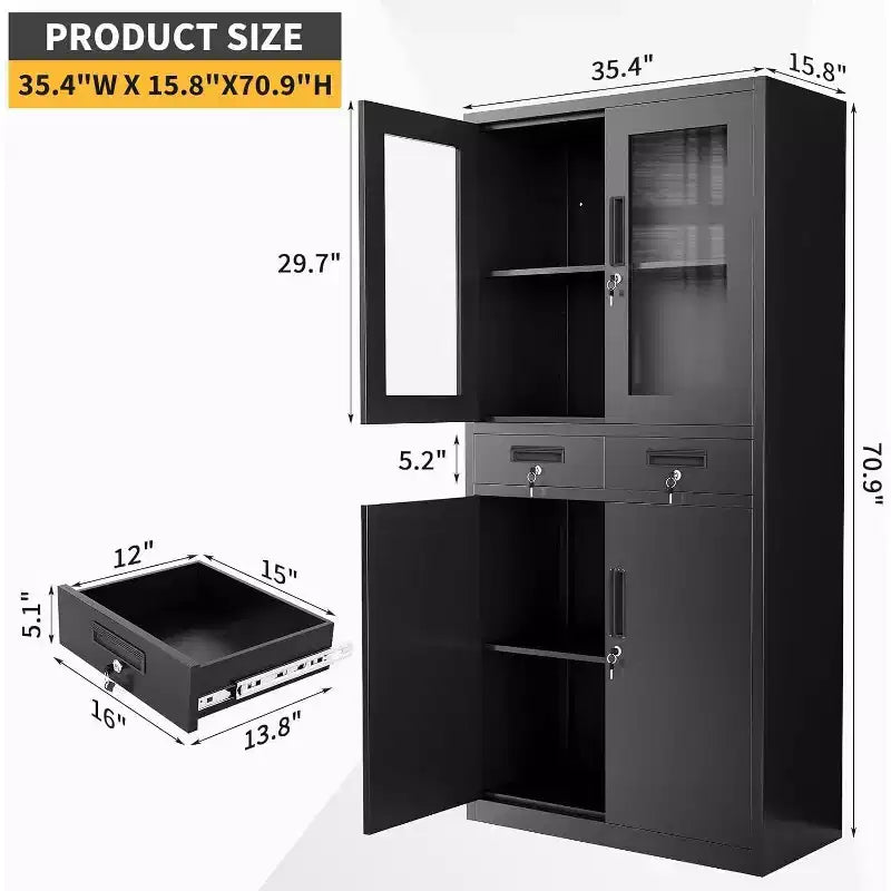 Acekool 71 Gabinete de almacenamiento con puertas de vidrio, estantes ajustables y cajones con cerradura, organizador vertical de metal para oficina en casa, garaje, lavadero