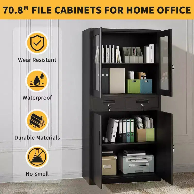 Acekool 71 Gabinete de almacenamiento con puertas de vidrio, estantes ajustables y cajones con cerradura, organizador vertical de metal para oficina en casa, garaje, lavadero