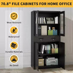Acekool 71 Gabinete de almacenamiento con puertas de vidrio, estantes ajustables y cajones con cerradura, organizador vertical de metal para oficina en casa, garaje, lavadero