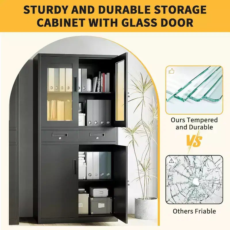 Acekool 71 Gabinete de almacenamiento con puertas de vidrio, estantes ajustables y cajones con cerradura, organizador vertical de metal para oficina en casa, garaje, lavadero