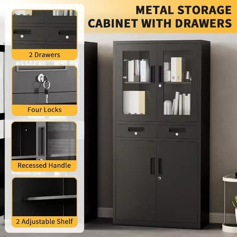 Acekool 71 Gabinete de almacenamiento con puertas de vidrio, estantes ajustables y cajones con cerradura, organizador vertical de metal para oficina en casa, garaje, lavadero