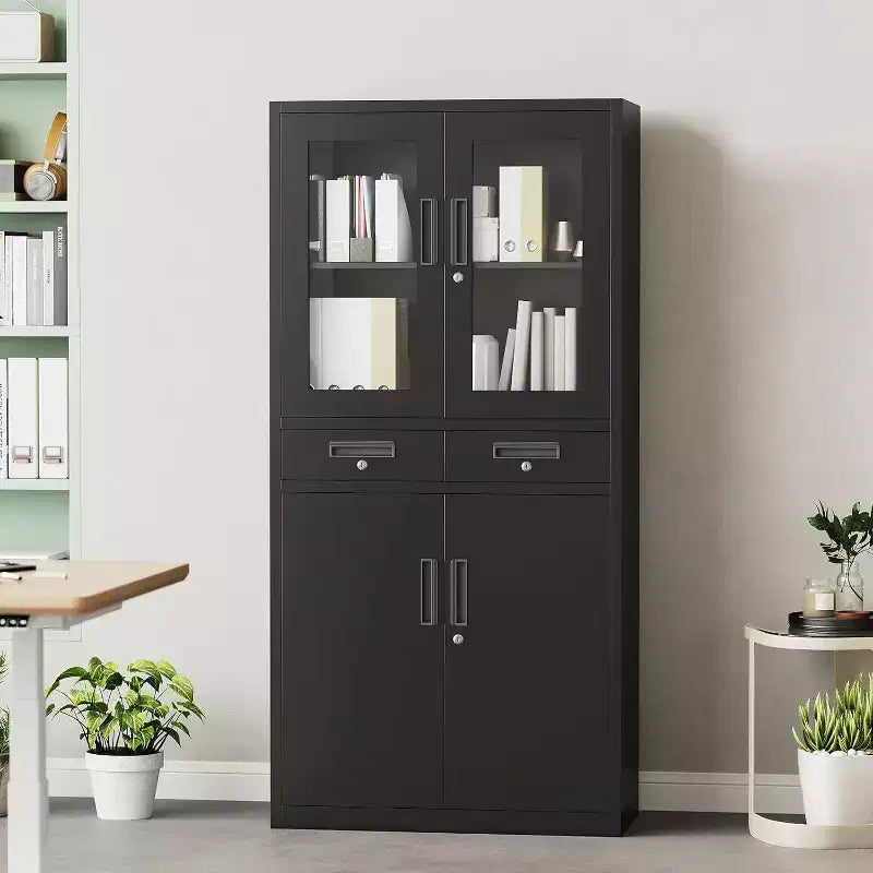 Acekool 71 Gabinete de almacenamiento con puertas de vidrio, estantes ajustables y cajones con cerradura, organizador vertical de metal para oficina en casa, garaje, lavadero