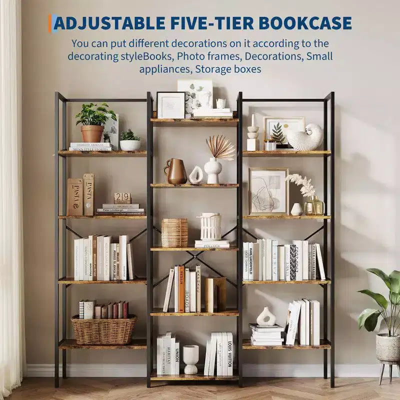 Coolmee Estantería industrial de triple columna y 5 niveles, librería con 14 estantes expositores, estantería moderna ancha y grande para sala de estar, hogar