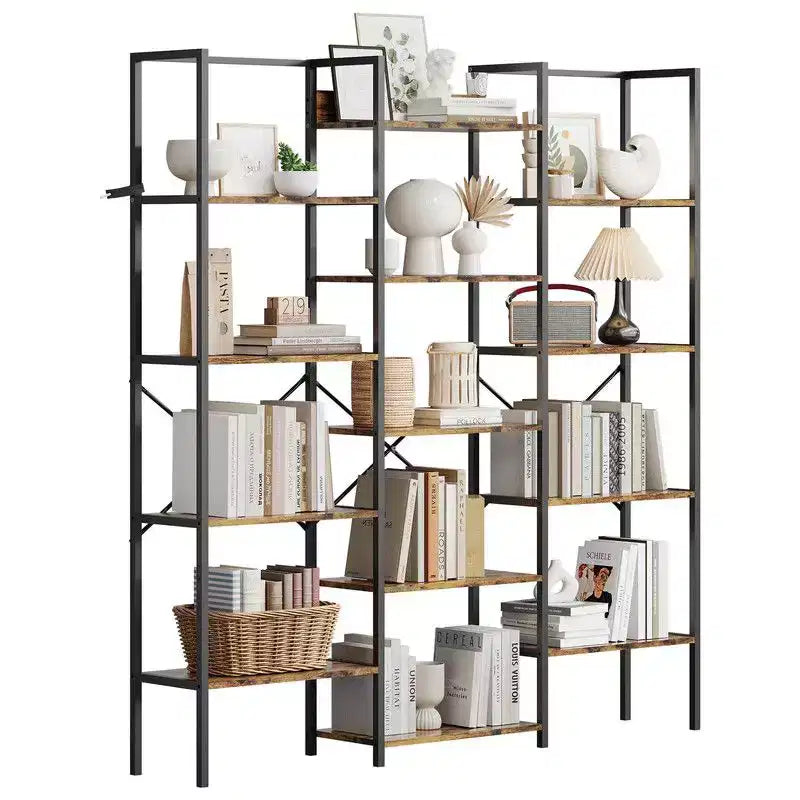 Coolmee Estantería industrial de triple columna y 5 niveles, librería con 14 estantes expositores, estantería moderna ancha y grande para sala de estar, hogar