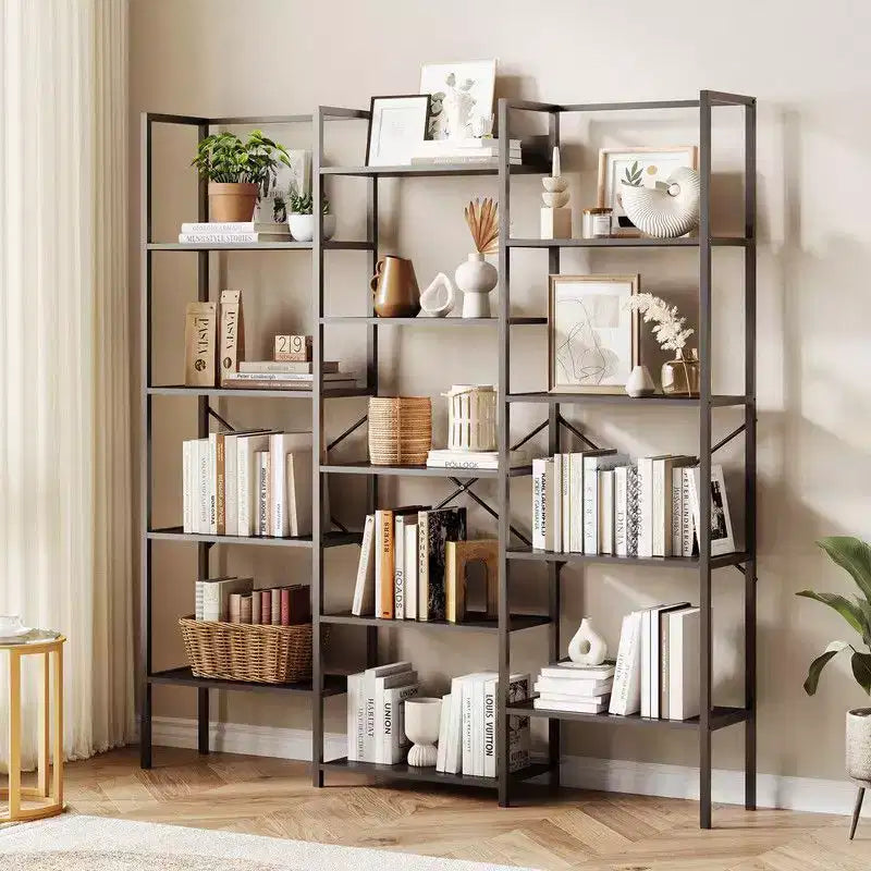 Coolmee Estantería industrial de triple columna y 5 niveles, librería con 14 estantes expositores, estantería moderna ancha y grande para sala de estar, hogar
