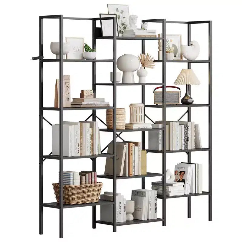 Coolmee Estantería industrial de triple columna y 5 niveles, librería con 14 estantes expositores, estantería moderna ancha y grande para sala de estar, hogar