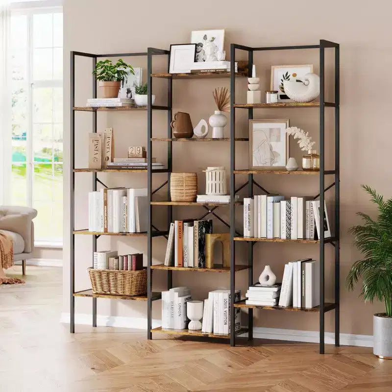 Coolmee Estantería industrial de triple columna y 5 niveles, librería con 14 estantes expositores, estantería moderna ancha y grande para sala de estar, hogar