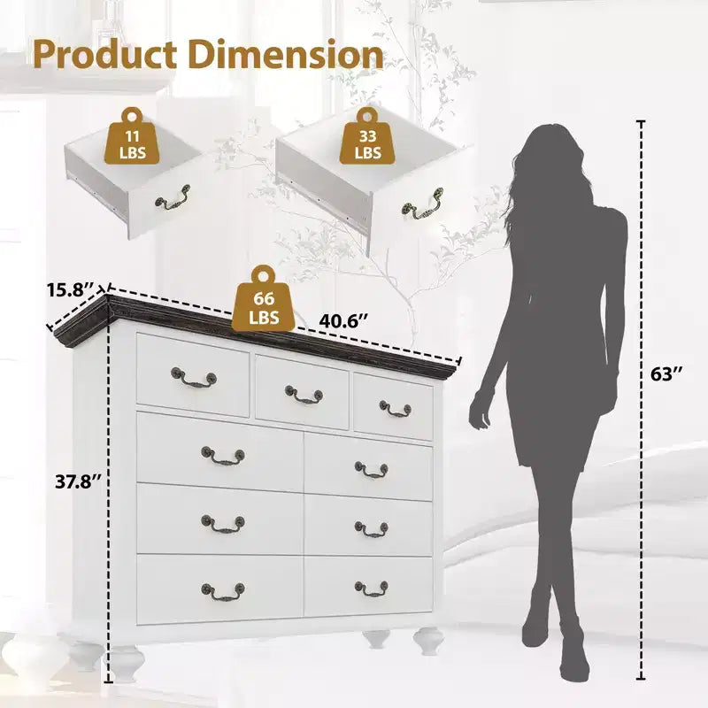 Cómoda de 9 cajones, cómoda rústica de madera con tiradores de metal, organizador de almacenamiento para dormitorio, sala de estar