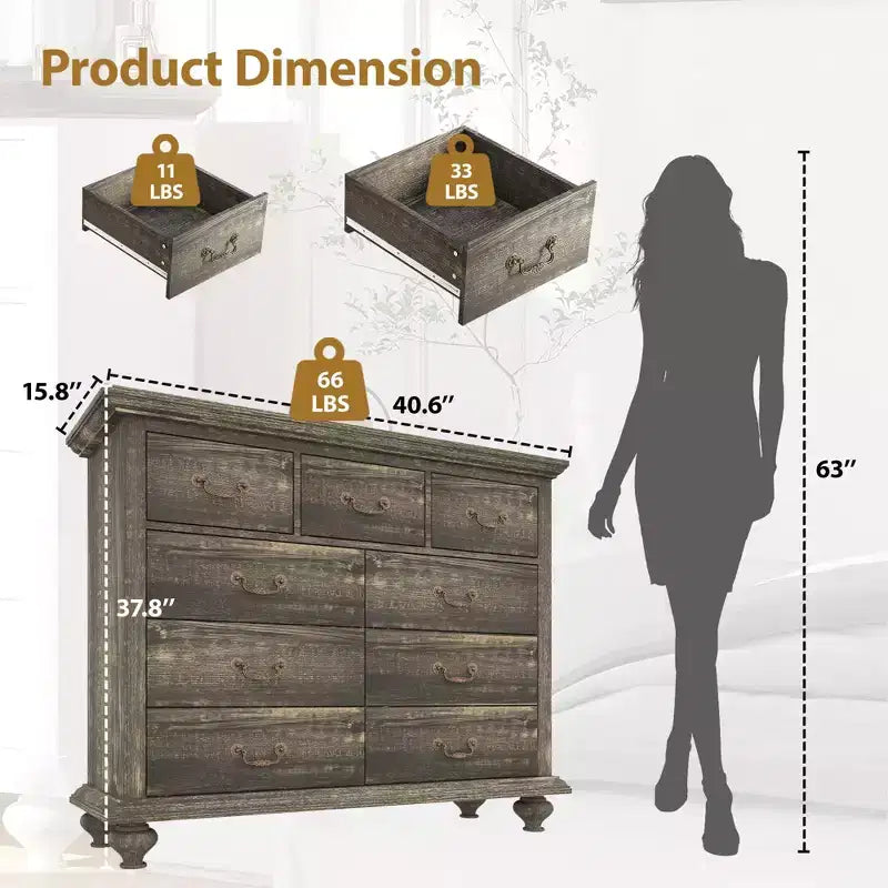 Cómoda de 9 cajones, cómoda rústica de madera con tiradores de metal, organizador de almacenamiento para dormitorio, sala de estar