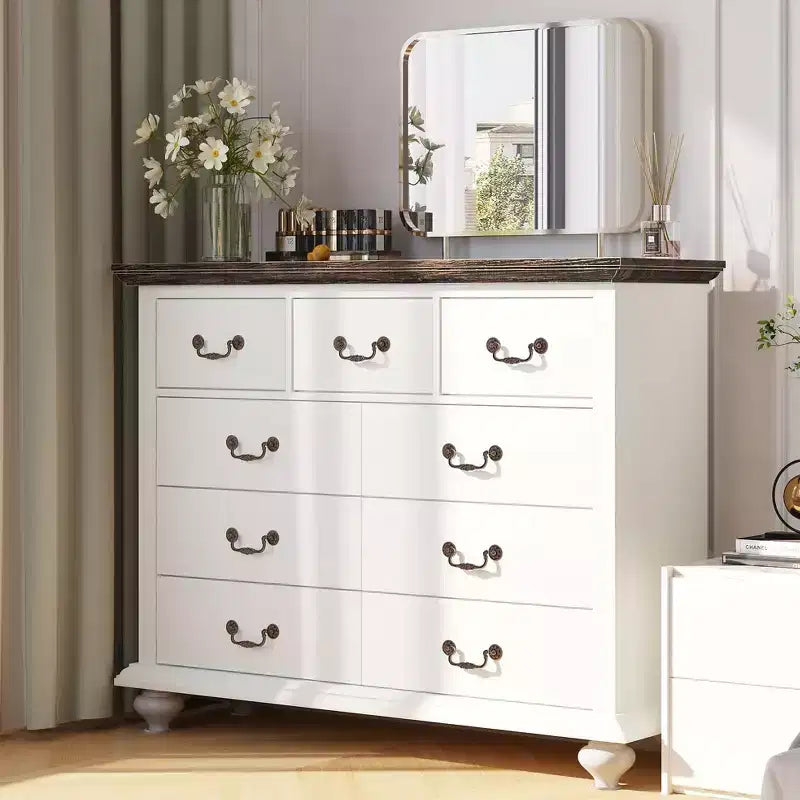 Cómoda de 9 cajones, cómoda rústica de madera con tiradores de metal, organizador de almacenamiento para dormitorio, sala de estar