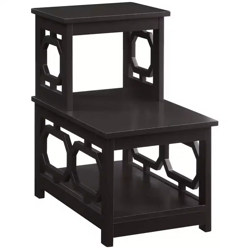 Mesa auxiliar de dos niveles HomeStock Belmont con estructura en forma de L y paneles laterales octagonales, mesa auxiliar decorativa de tres niveles para sala de estar